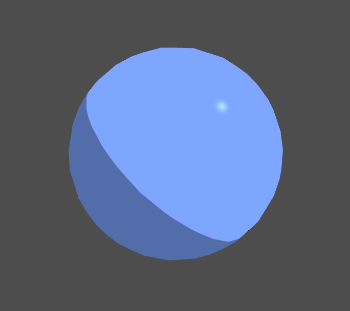 Blue sphere lit with toon style directional, ambient and specular lighting in Unity engine.